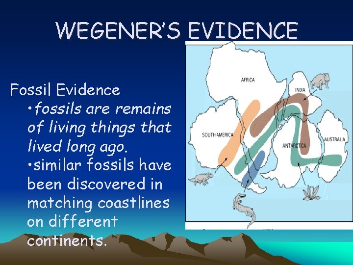 WEGENER’S EVIDENCE Fossil Evidence • fossils are remains of living things that lived long