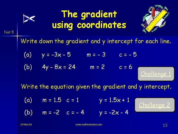 The gradient using coordinates Nat 5 Write down the gradient and y intercept for