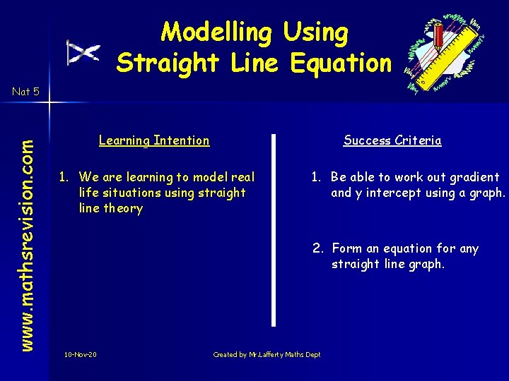 Modelling Using Straight Line Equation www. mathsrevision. com Nat 5 Learning Intention Success Criteria