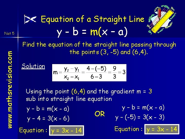 Equation of a Straight Line y - b = m(x – a) www. mathsrevision.