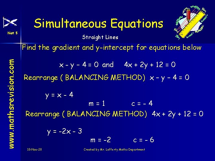 Nat 5 Simultaneous Equations Straight Lines www. mathsrevision. com Find the gradient and y-intercept