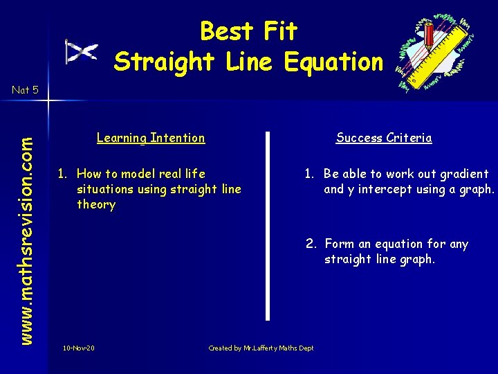 Best Fit Straight Line Equation www. mathsrevision. com Nat 5 Learning Intention Success Criteria