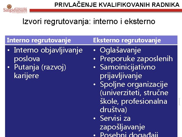 PRIVLAČENJE KVALIFIKOVANIH RADNIKA Izvori regrutovanja: interno i eksterno Interno regrutovanje Eksterno regrutovanje • Interno