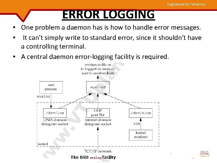 ERROR LOGGING Engineered for Tomorrow • One problem a daemon has is how to