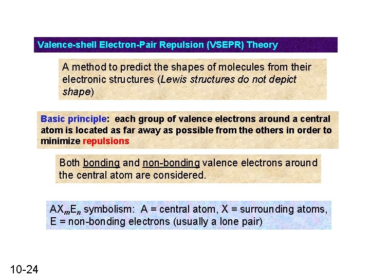 Valence-shell Electron-Pair Repulsion (VSEPR) Theory A method to predict the shapes of molecules from