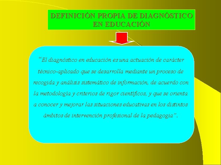 DEFINICIÓN PROPIA DE DIAGNÓSTICO EN EDUCACIÓN “El diagnóstico en educación es una actuación de DEFINICIÓN PROPIA DE DIAGNÓSTICO EN EDUCACIÓN “El diagnóstico en educación es una actuación de