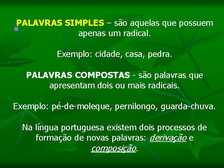 PALAVRAS SIMPLES – são aquelas que possuem n apenas um radical. Exemplo: cidade, casa,