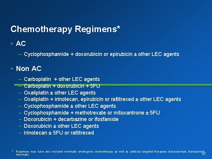 Chemotherapy Regimens* • AC – Cyclophosphamide + doxorubicin or epirubicin ± other LEC agents