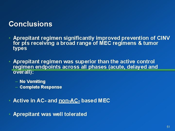 Conclusions • Aprepitant regimen significantly improved prevention of CINV for pts receiving a broad