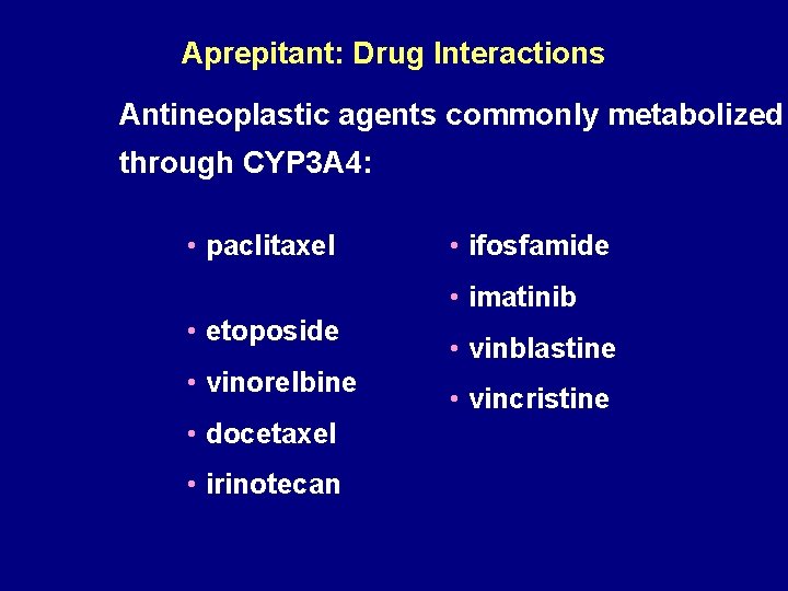 Aprepitant: Drug Interactions Antineoplastic agents commonly metabolized through CYP 3 A 4: • paclitaxel