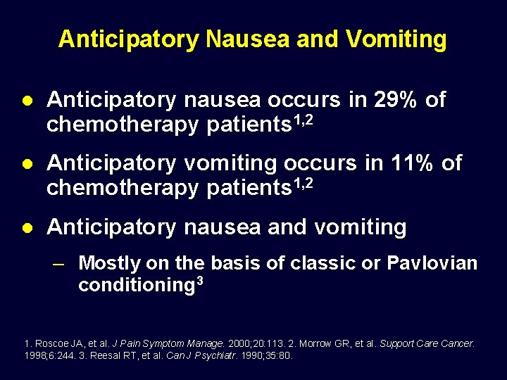 Anticipatory Nausea and Vomiting l Anticipatory nausea occurs in 29% of chemotherapy patients 1,