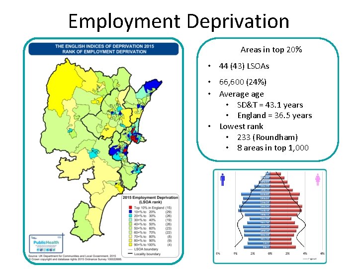 Employment Deprivation Areas in top 20% • 44 (43) LSOAs • 66, 600 (24%)