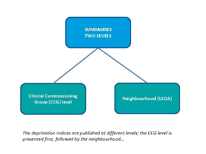 SUMMARIES TWO LEVELS Clinical Commissioning Group (CCG) level Neighbourhood (LSOA) The deprivation indices are