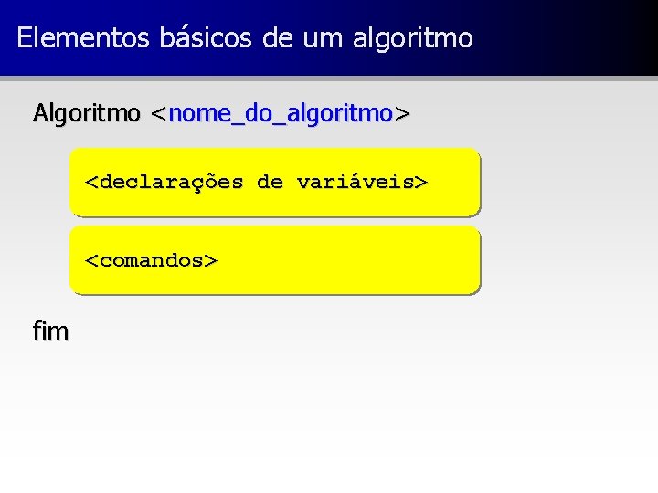 Elementos básicos de um algoritmo Algoritmo <nome_do_algoritmo> <declarações de variáveis> <comandos> fim 