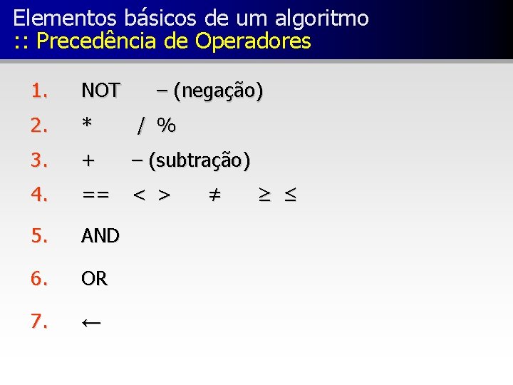 Elementos básicos de um algoritmo : : Precedência de Operadores 1. NOT – (negação)