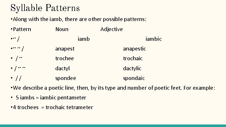 Syllable Patterns • Along with the iamb, there are other possible patterns: • Pattern