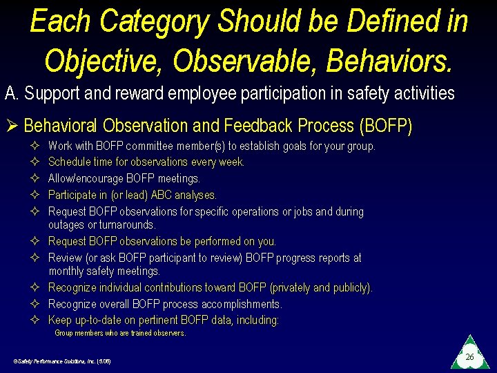 Each Category Should be Defined in Objective, Observable, Behaviors. A. Support and reward employee
