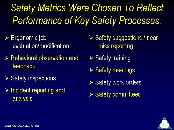 Safety Metrics Were Chosen To Reflect Performance of Key Safety Processes. Ø Ergonomic job
