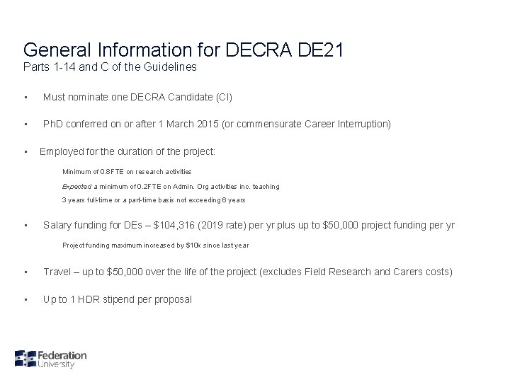 General Information for DECRA DE 21 Parts 1 -14 and C of the Guidelines