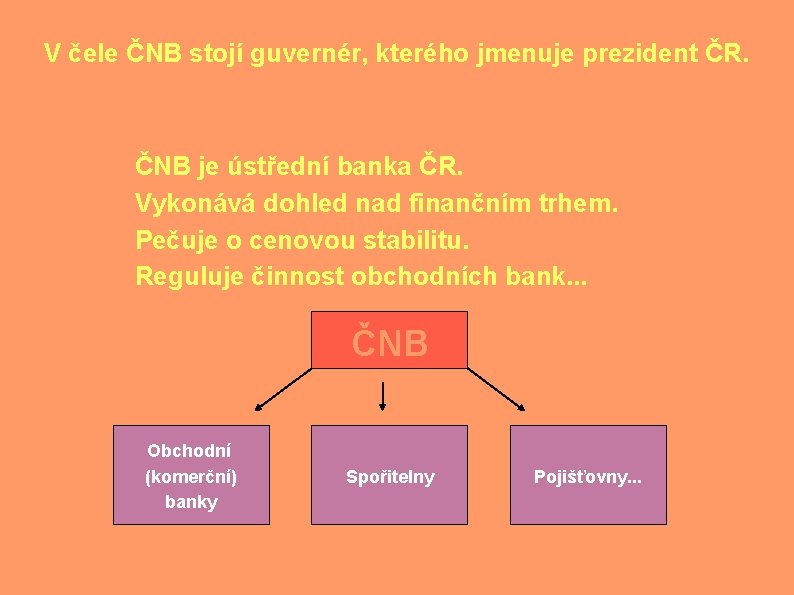 V čele ČNB stojí guvernér, kterého jmenuje prezident ČR. ČNB je ústřední banka ČR.