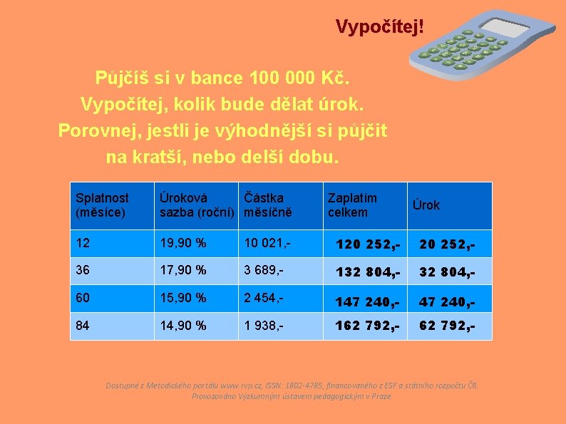 Vypočítej! Půjčíš si v bance 100 000 Kč. Vypočítej, kolik bude dělat úrok. Porovnej,