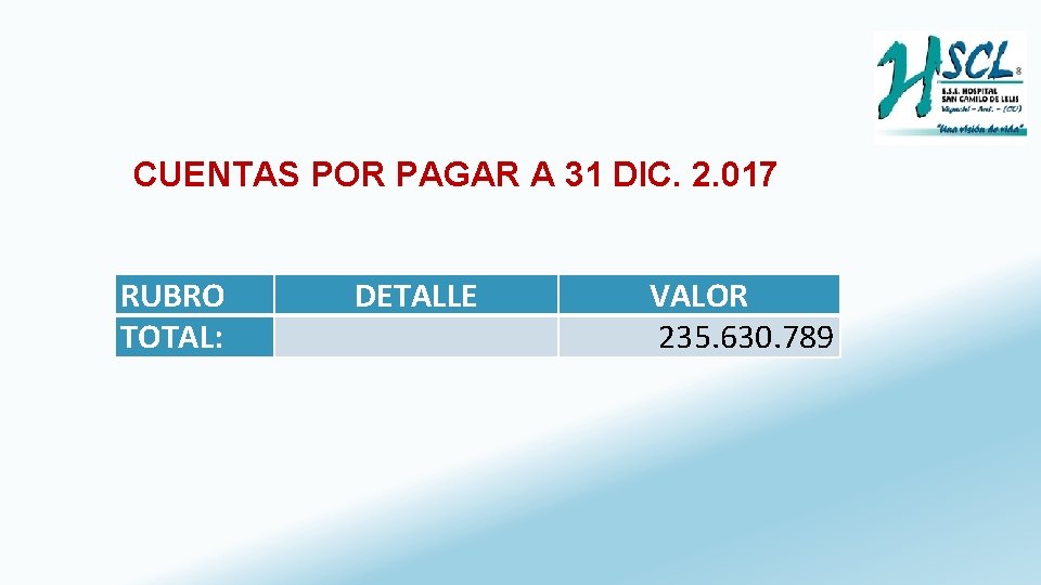 CUENTAS POR PAGAR A 31 DIC. 2. 017 RUBRO TOTAL: DETALLE VALOR 235. 630.