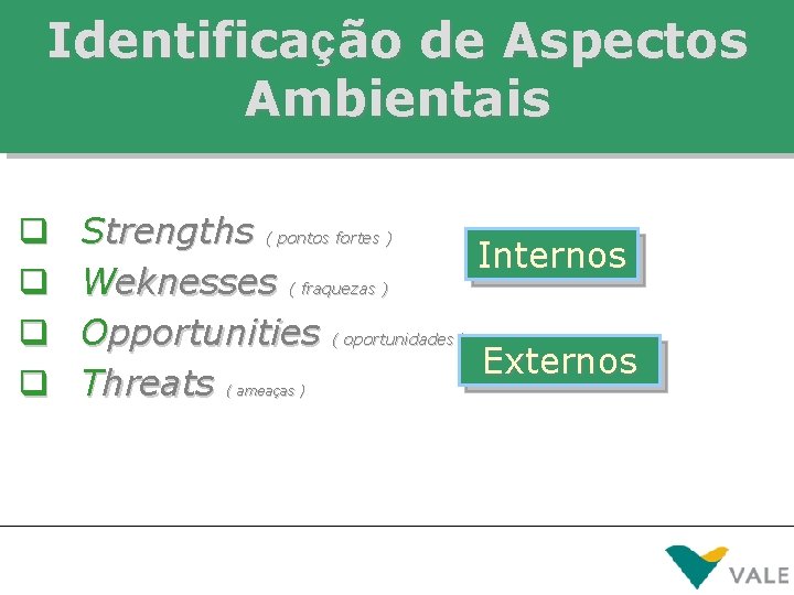 Identificação de Aspectos Ambientais q q Strengths ( pontos fortes ) Internos Weknesses (