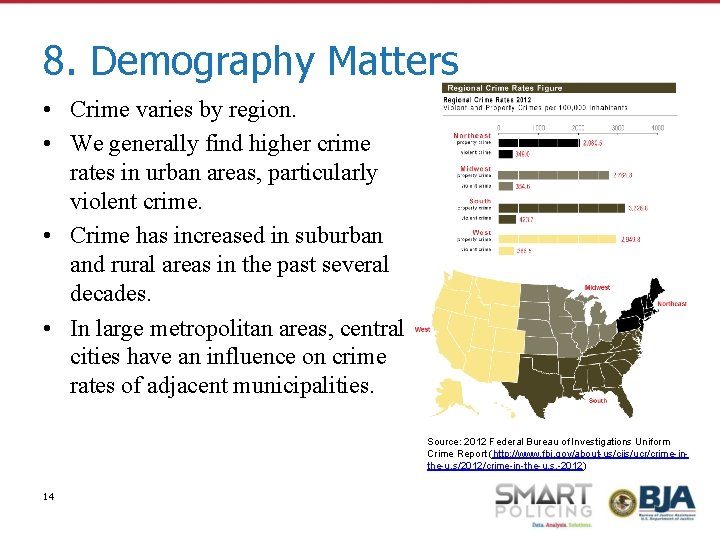 8. Demography Matters • Crime varies by region. • We generally find higher crime