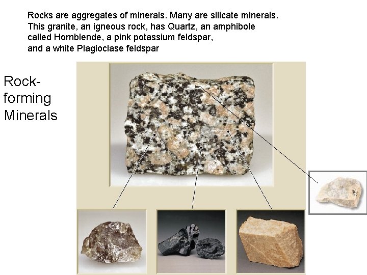 Rocks are aggregates of minerals. Many are silicate minerals. This granite, an igneous rock,