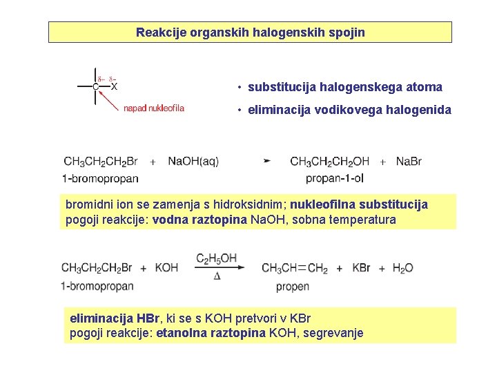 Reakcije organskih halogenskih spojin • substitucija halogenskega atoma • eliminacija vodikovega halogenida bromidni ion