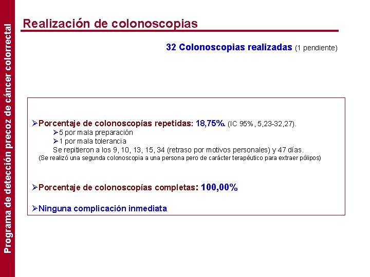 Programa de detección precoz de cáncer colorrectal Realización de colonoscopias 32 Colonoscopias realizadas (1