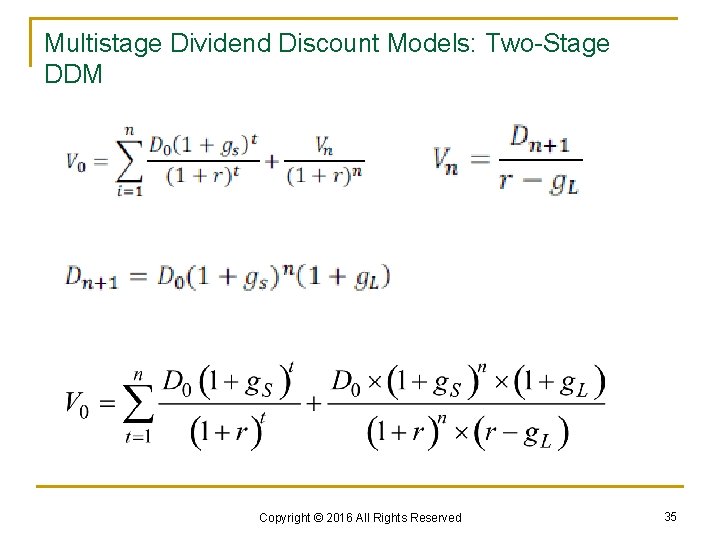 Multistage Dividend Discount Models: Two-Stage DDM Copyright © 2016 All Rights Reserved 35 