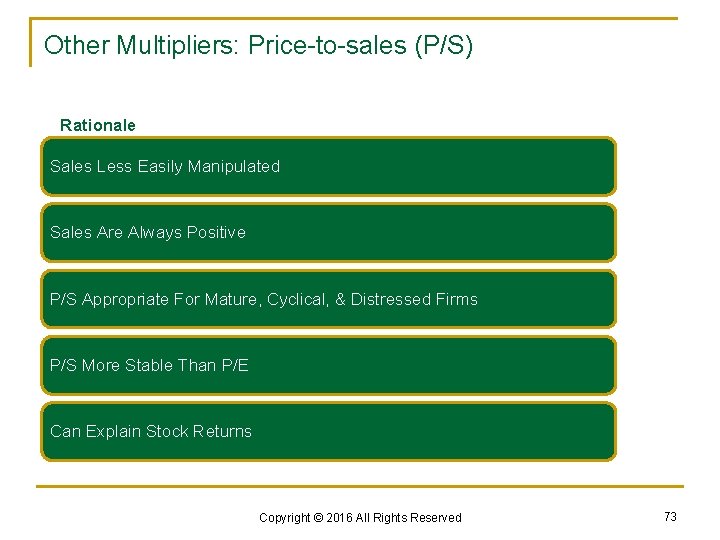 Other Multipliers: Price-to-sales (P/S) Rationale Sales Less Easily Manipulated Sales Are Always Positive P/S