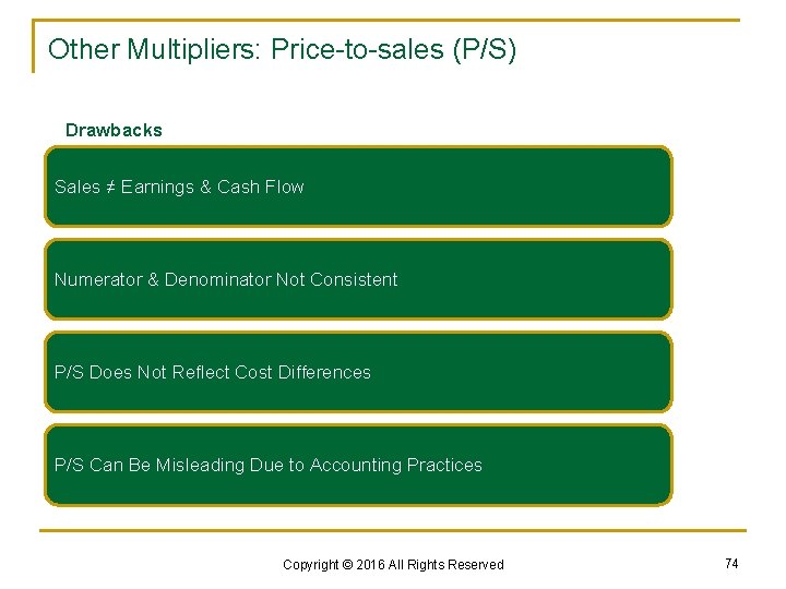 Other Multipliers: Price-to-sales (P/S) Drawbacks Sales ≠ Earnings & Cash Flow Numerator & Denominator