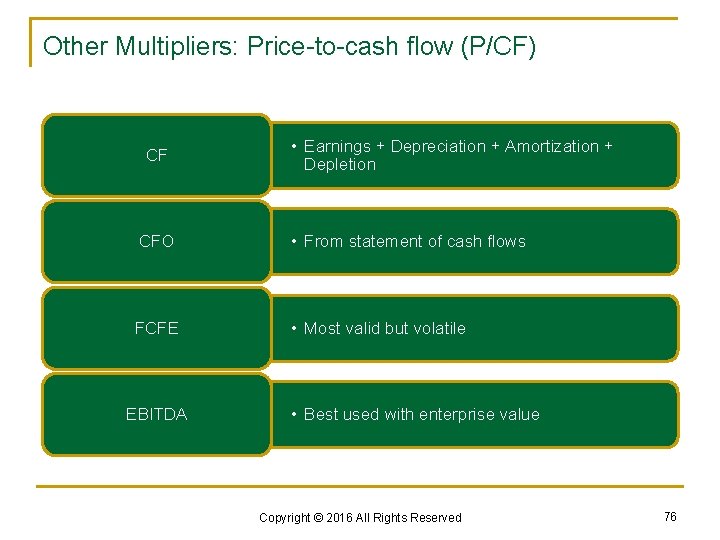 Other Multipliers: Price-to-cash flow (P/CF) CF • Earnings + Depreciation + Amortization + Depletion