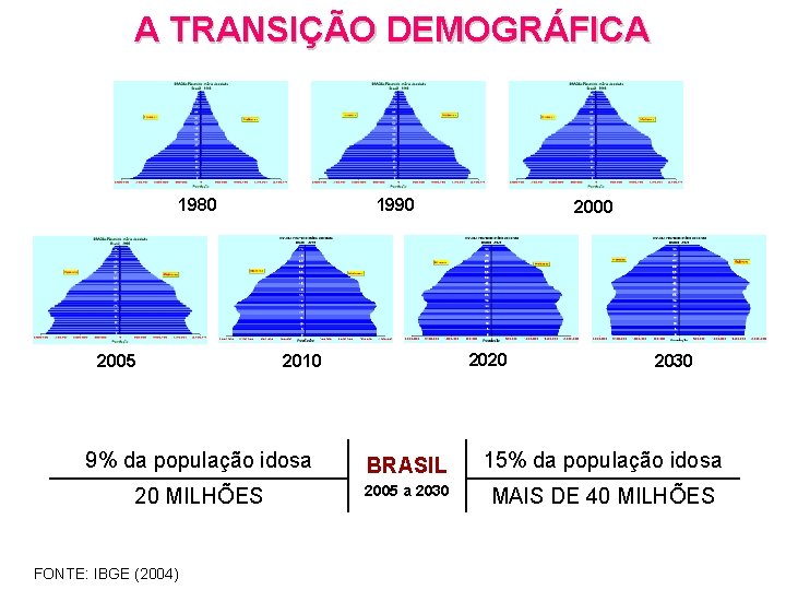 A TRANSIÇÃO DEMOGRÁFICA 1980 2005 1990 2000 2020 2010 2030 9% da população idosa