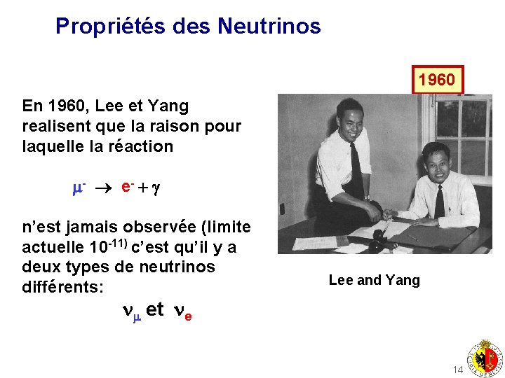 Propriétés des Neutrinos 1960 En 1960, Lee et Yang realisent que la raison pour