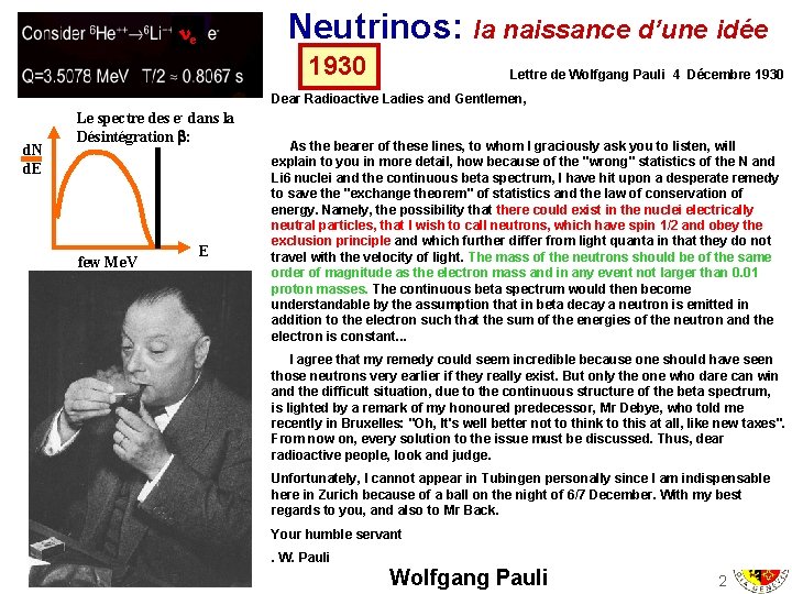 Neutrinos: la naissance d’une idée e 1930 Lettre de Wolfgang Pauli 4 Décembre 1930