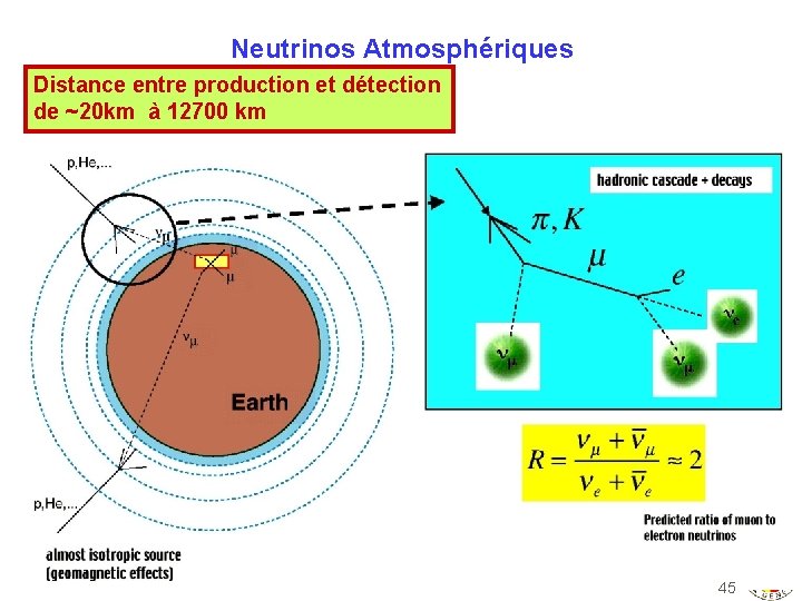 Neutrinos Atmosphériques Distance entre production et détection de ~20 km à 12700 km 45