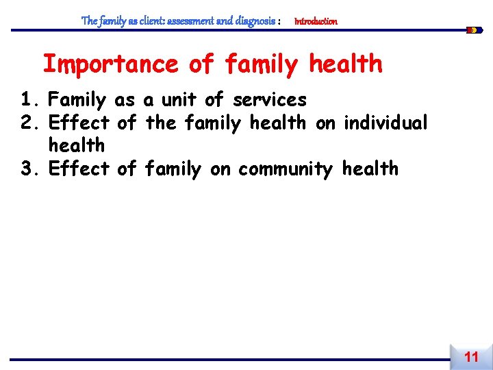 The family as client: assessment and diagnosis : Introduction Importance of family health 1.