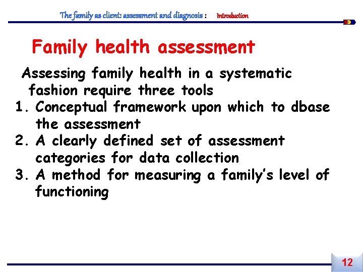 The family as client: assessment and diagnosis : Introduction Family health assessment Assessing family