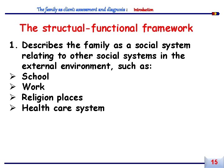 The family as client: assessment and diagnosis : Introduction The structual-functional framework 1. Describes