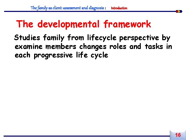 The family as client: assessment and diagnosis : Introduction The developmental framework Studies family