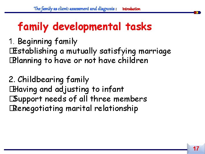 The family as client: assessment and diagnosis : Introduction family developmental tasks 1. Beginning