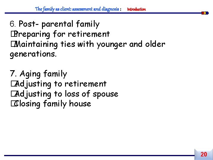 The family as client: assessment and diagnosis : Introduction 6. Post- parental family �