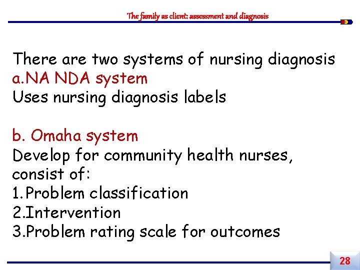 The family as client: assessment and diagnosis There are two systems of nursing diagnosis