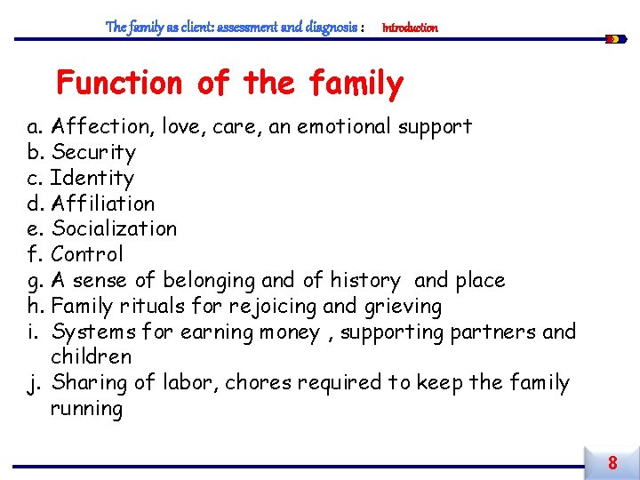 The family as client: assessment and diagnosis : Introduction Function of the family a.