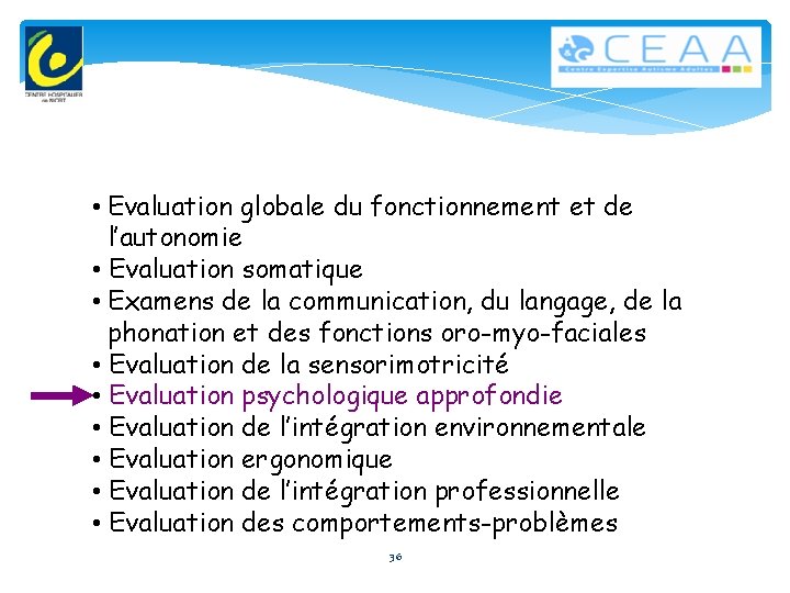  • Evaluation globale du fonctionnement et de l’autonomie • Evaluation somatique • Examens