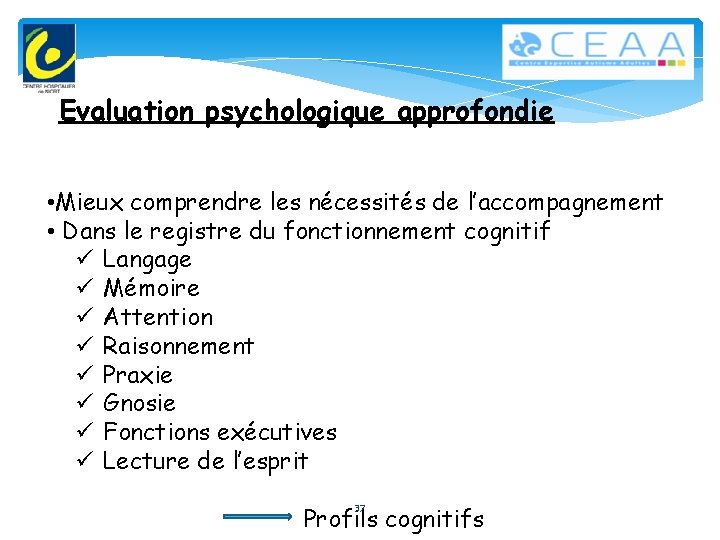 Evaluation psychologique approfondie • Mieux comprendre les nécessités de l’accompagnement • Dans le registre