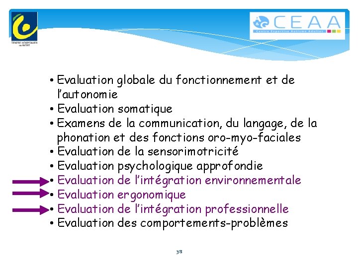  • Evaluation globale du fonctionnement et de l’autonomie • Evaluation somatique • Examens